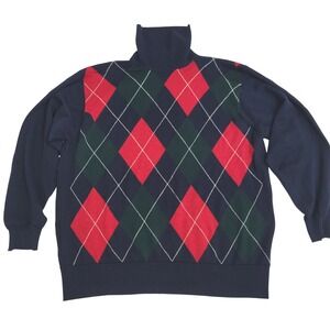 VTG Pringle of Scotland Mens Argyle‎ Turtleneck Sweater Navy Wool L 46 Scotland